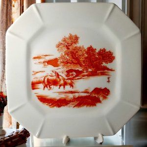 Red & White Octagonal Plate Farmer on Buffalo Signed Art Shafford by Landscape